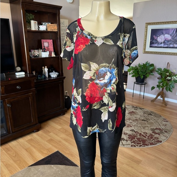 Sky Black Floral Print Sheer Short Sleeve Blouse-size L - Picture 6 of 9